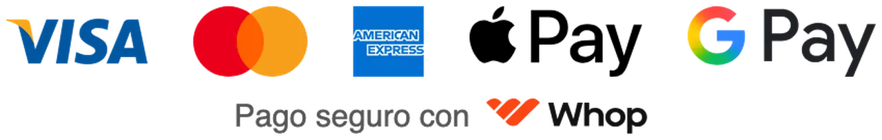 Visa, Mastercard, American Express, Apple Pay, Google Pay. Pago seguro con Whop