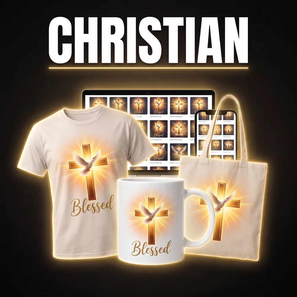 Christian designs on a t-shirt, mug and tote bag