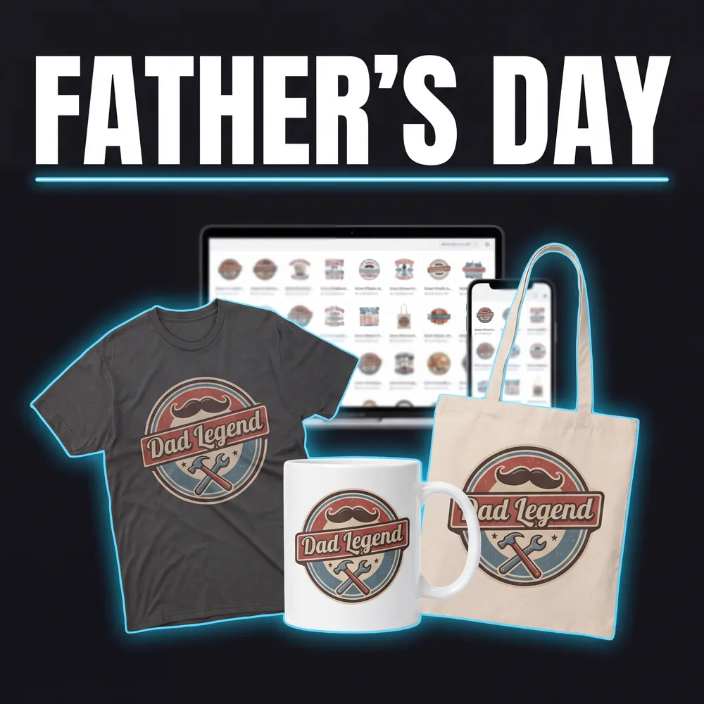 Father's Day designs on a t-shirt, mug and tote bag