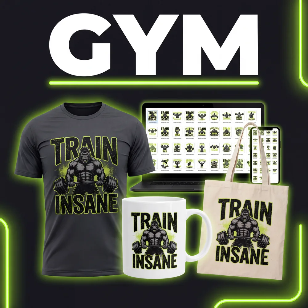 Gym designs on a t-shirt, mug and tote bag