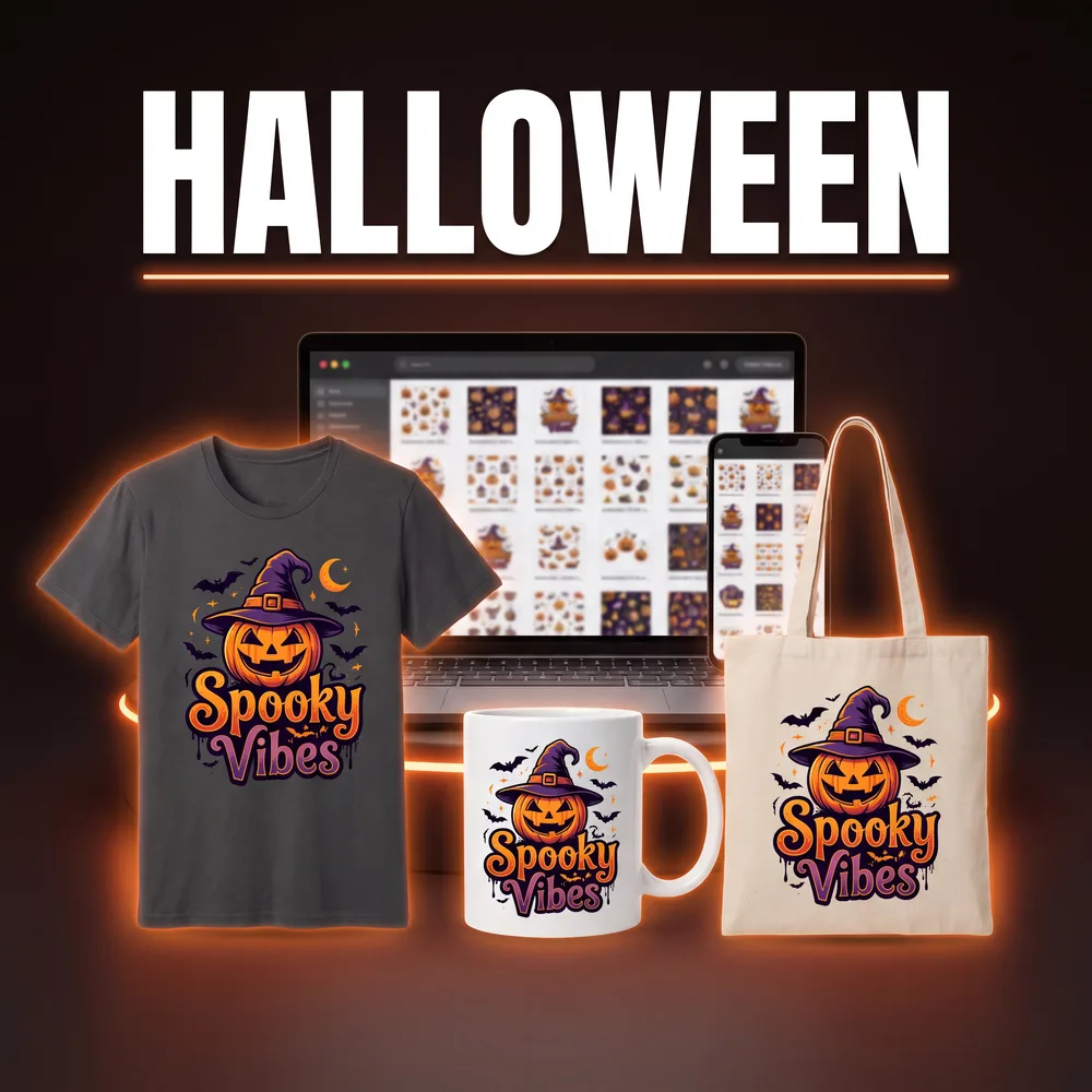 Halloween designs on a t-shirt, mug and tote bag
