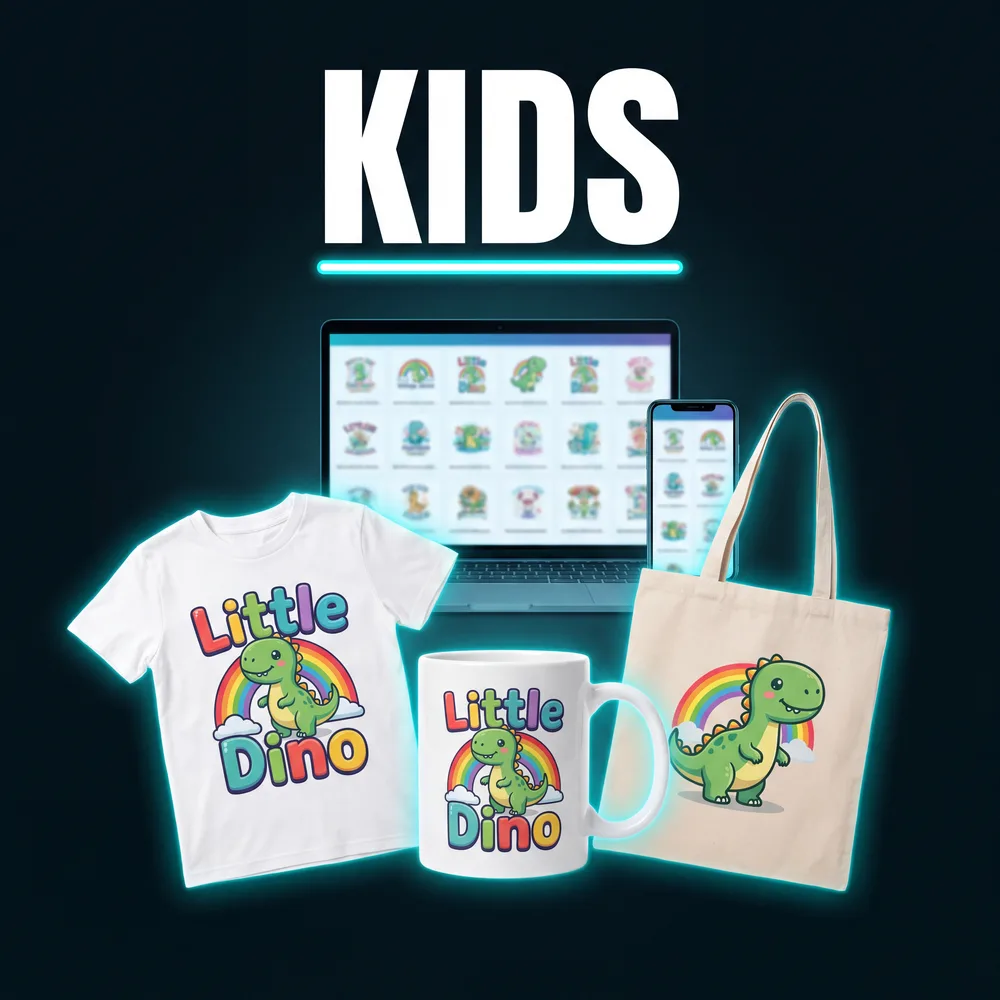 Kids designs on a t-shirt, mug and tote bag