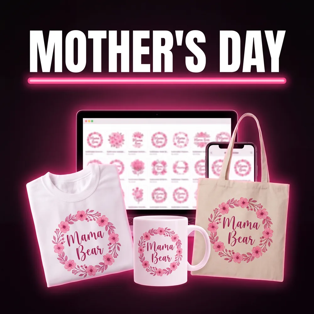 Mother's Day designs on a t-shirt, mug and tote bag
