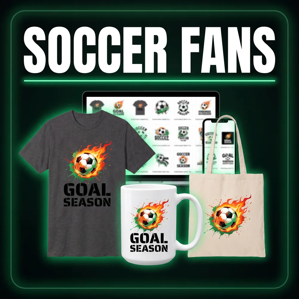Soccer fans designs on a t-shirt, mug and tote bag