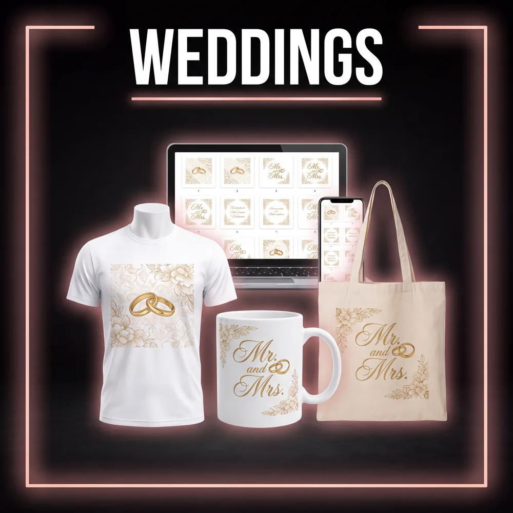 Wedding designs on a t-shirt, mug and tote bag
